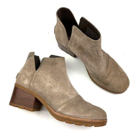 Sorel Cate Cut-Out Taupe Suede Block Heel Booties size 8 - Picture 1 of 9
